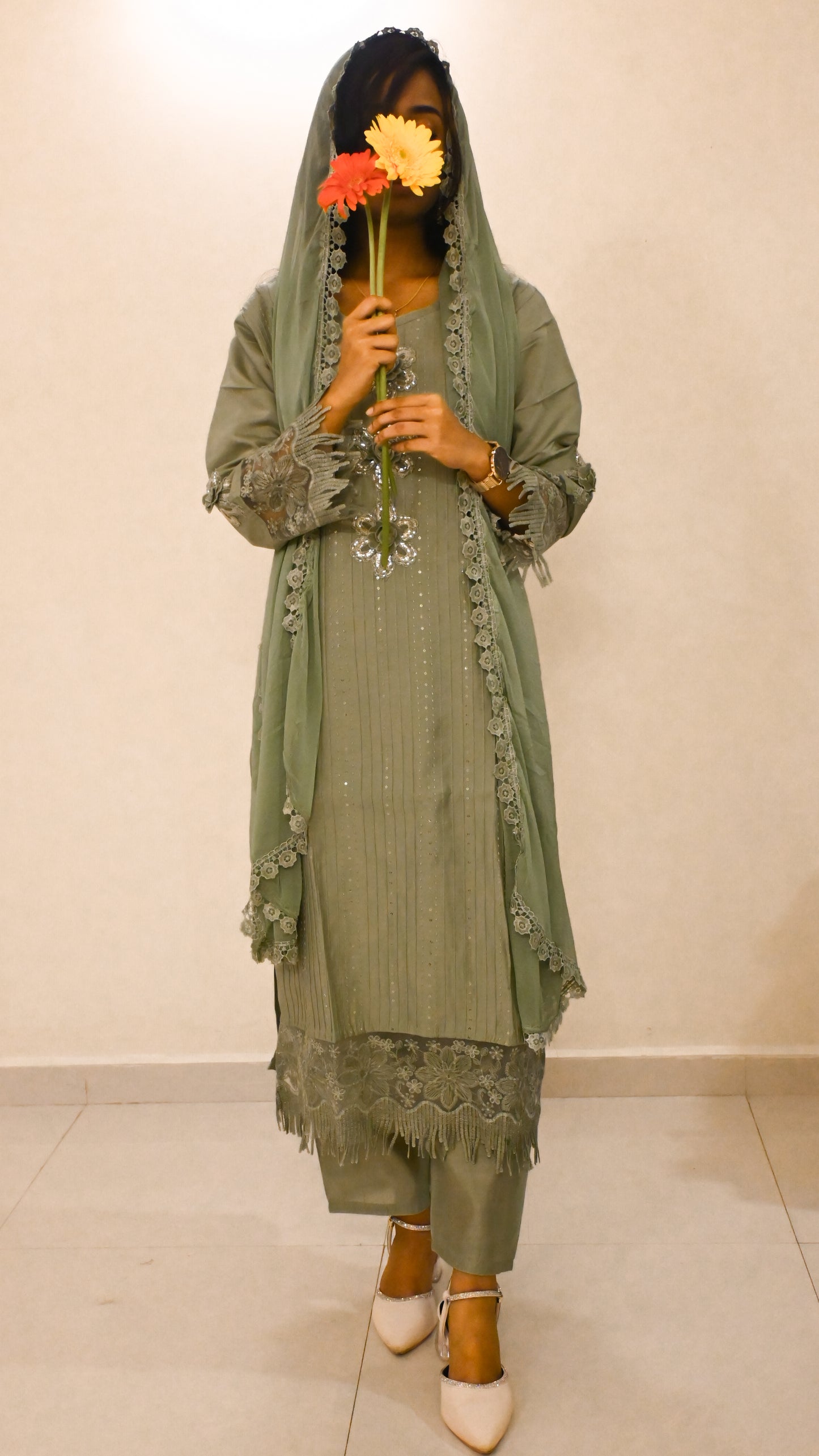 Mastani Premium Sage Green colour three piece Pakistani straight cut kurta set