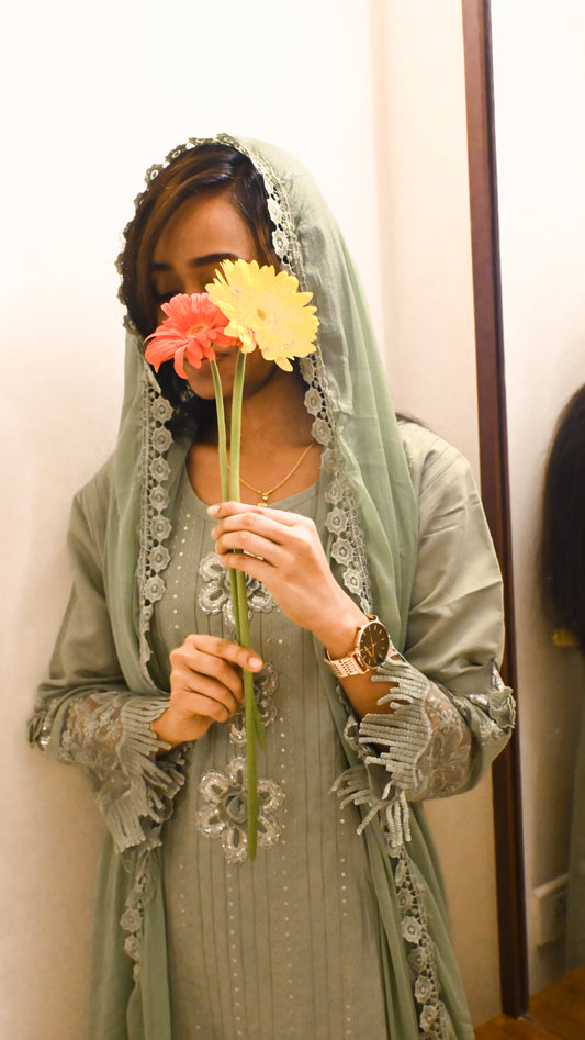 Sage Green colour three piece Pakistani straight cut kurta set - TRSR 001