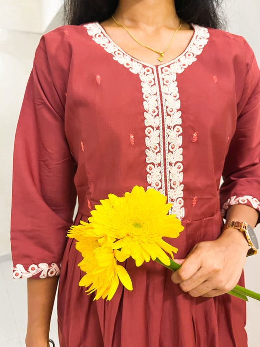 Brick Red Cotton Kurta Swith White Embroidery & Tie-Dye Dupatta –TRSR 003B