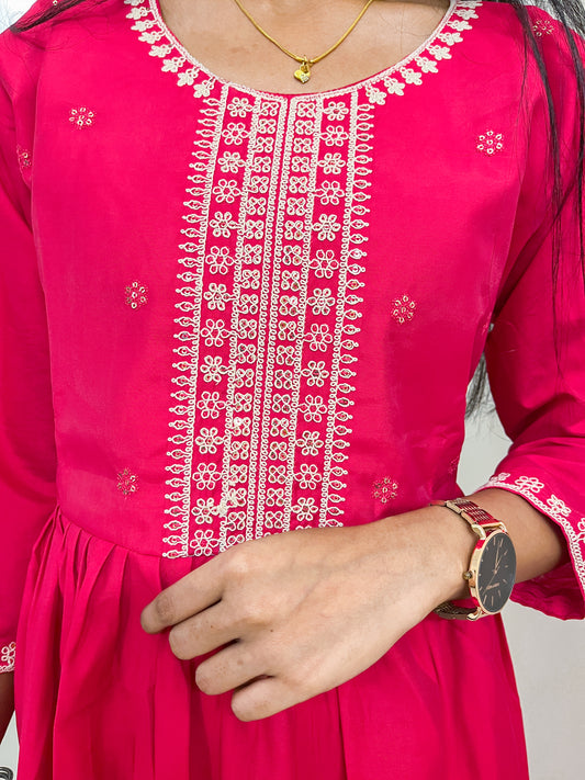 Red CottonMix Anarkali Kurta Set -TRSR 003 E | Tie & Dye Dupatta | White Thread Embroidery