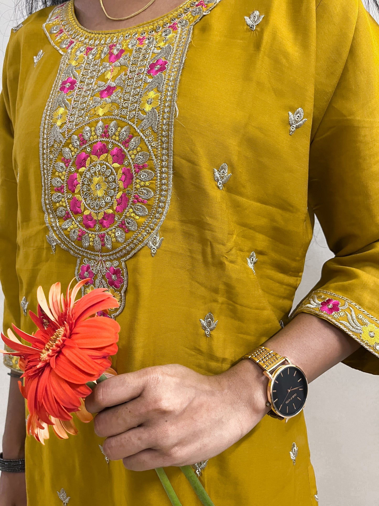 Mustard Yellow Embroidered Raman Silk Suit Set with Digital Print Dupatta - TRSR 005 |