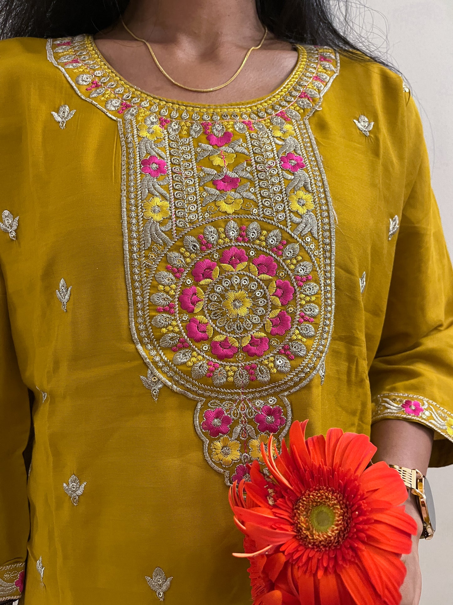 Mustard Yellow Embroidered Raman Silk Suit Set with Digital Print Dupatta - TRSR 005 |