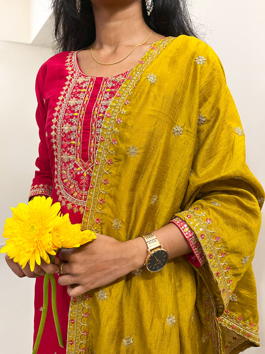 Red Silk Kurta Set with Mustard Embroidered Dupatta –TRSR 012 – Festive & Wedding Ethnic Wear (3-Piece Set)