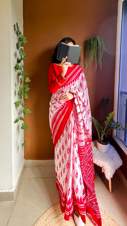 White & Red Handblock Print Cotton Saree - TRT 001