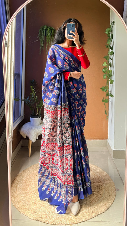 Blue Handblock Printed Pure Cotton Saree – Ethnic Floral Print-TRN 007