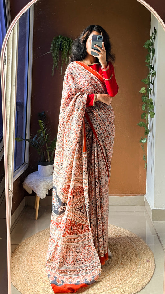 Orange & White Geometric Handblock Print Cotton Saree-TRT 003