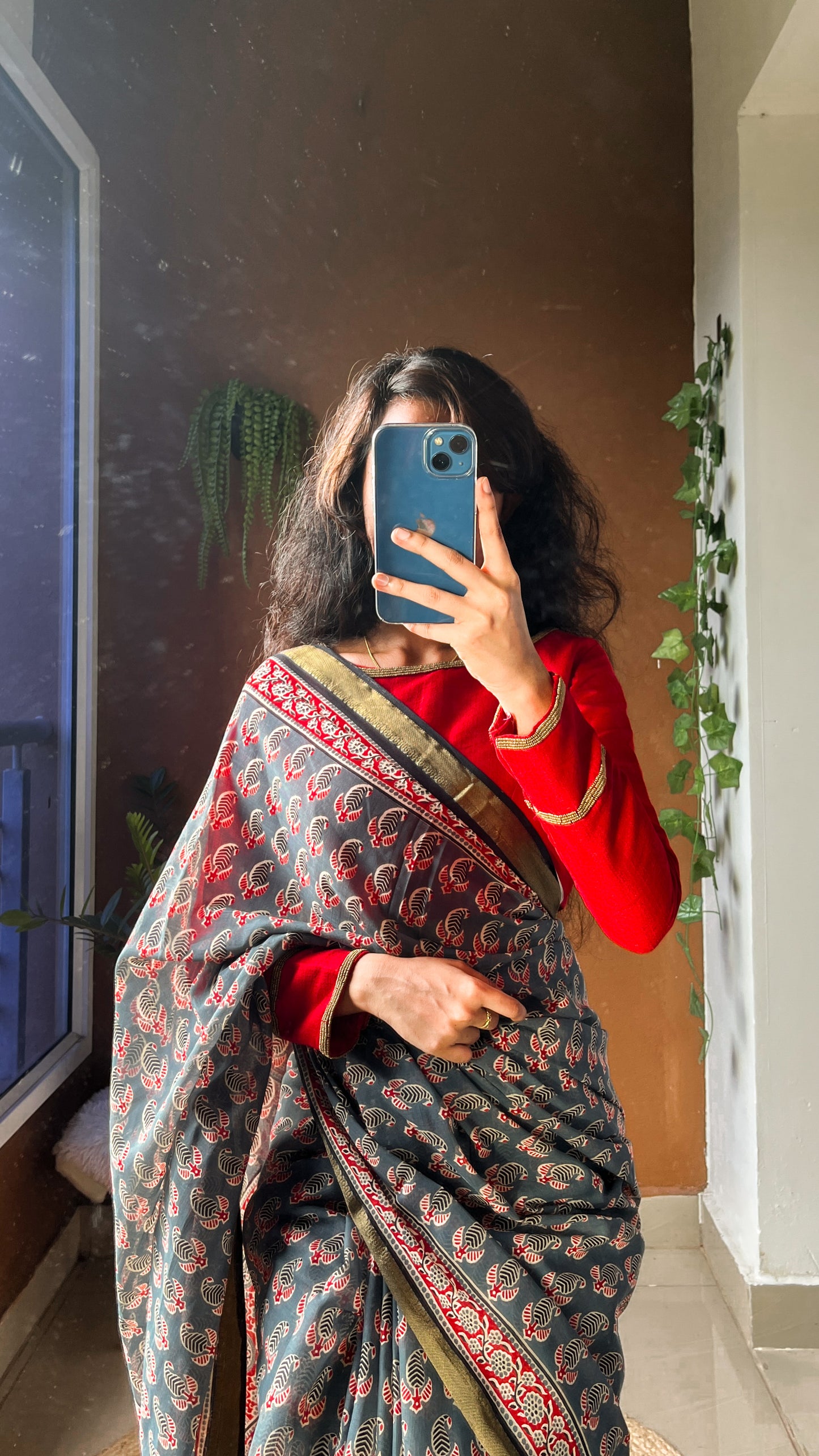 Blue-Grey Floral Handblock Print Cotton Saree - TRR 003
