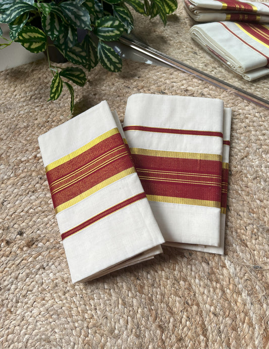Kuthampully handloom cotton set mundu (mundum neriyathum) with maroon & golden border. Pure cotton Kerala traditional wear- TR 032
