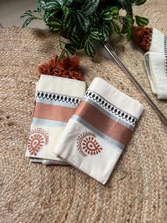 Kuthampully handloom cotton set mundu with tassels, copper kasavu border & motifs. Pure cotton Kerala traditional wear for festivals - TR 033