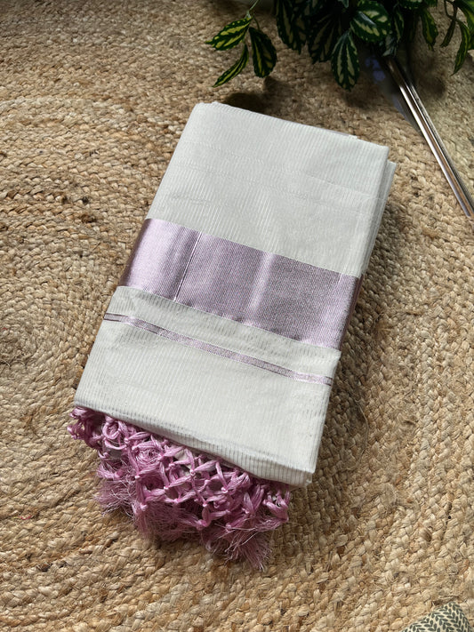 Rose Gold Kuthampully Cotton Saree with Tassels – Handwoven Kerala Handloom Saree TR 034