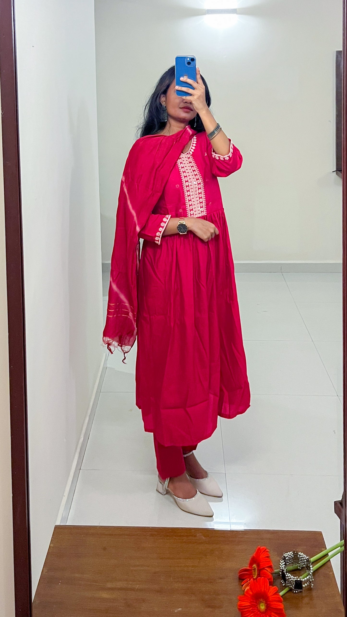 Red CottonMix Anarkali Kurta Set -TRSR 003 E | Tie & Dye Dupatta | White Thread Embroidery