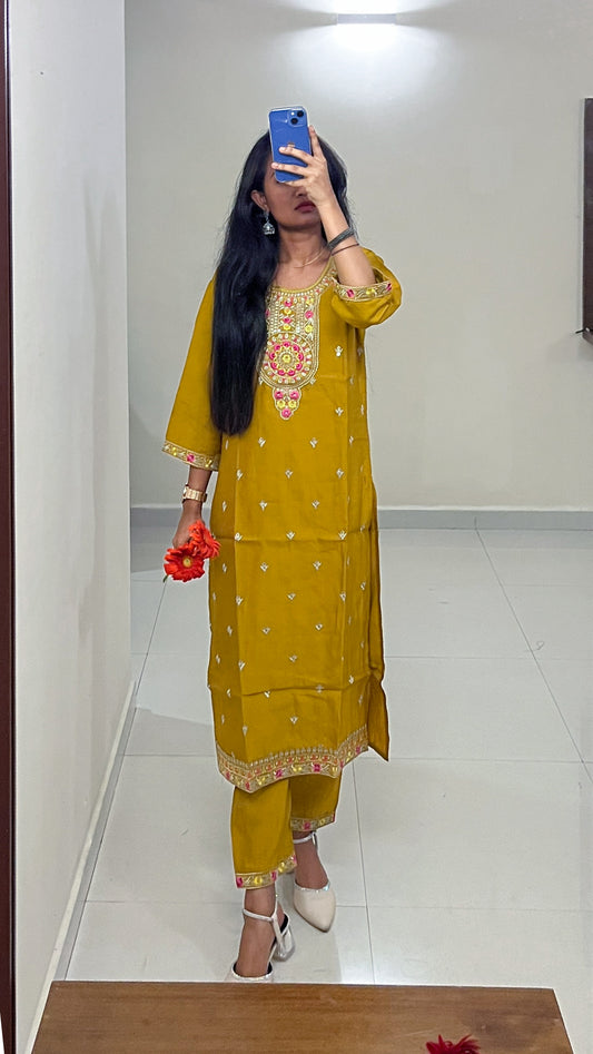 Mustard Yellow Embroidered Raman Silk Suit Set with Digital Print Dupatta - TRSR 005 |