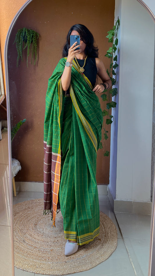 Udupi Handloom Cotton Saree – Green Checked with Contrast Pallu- TRUD 001