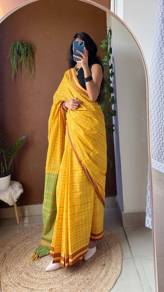 Handwoven Udupi Cotton Saree in Bright Yellow – Lightweight & Traditional South Indian Weave"