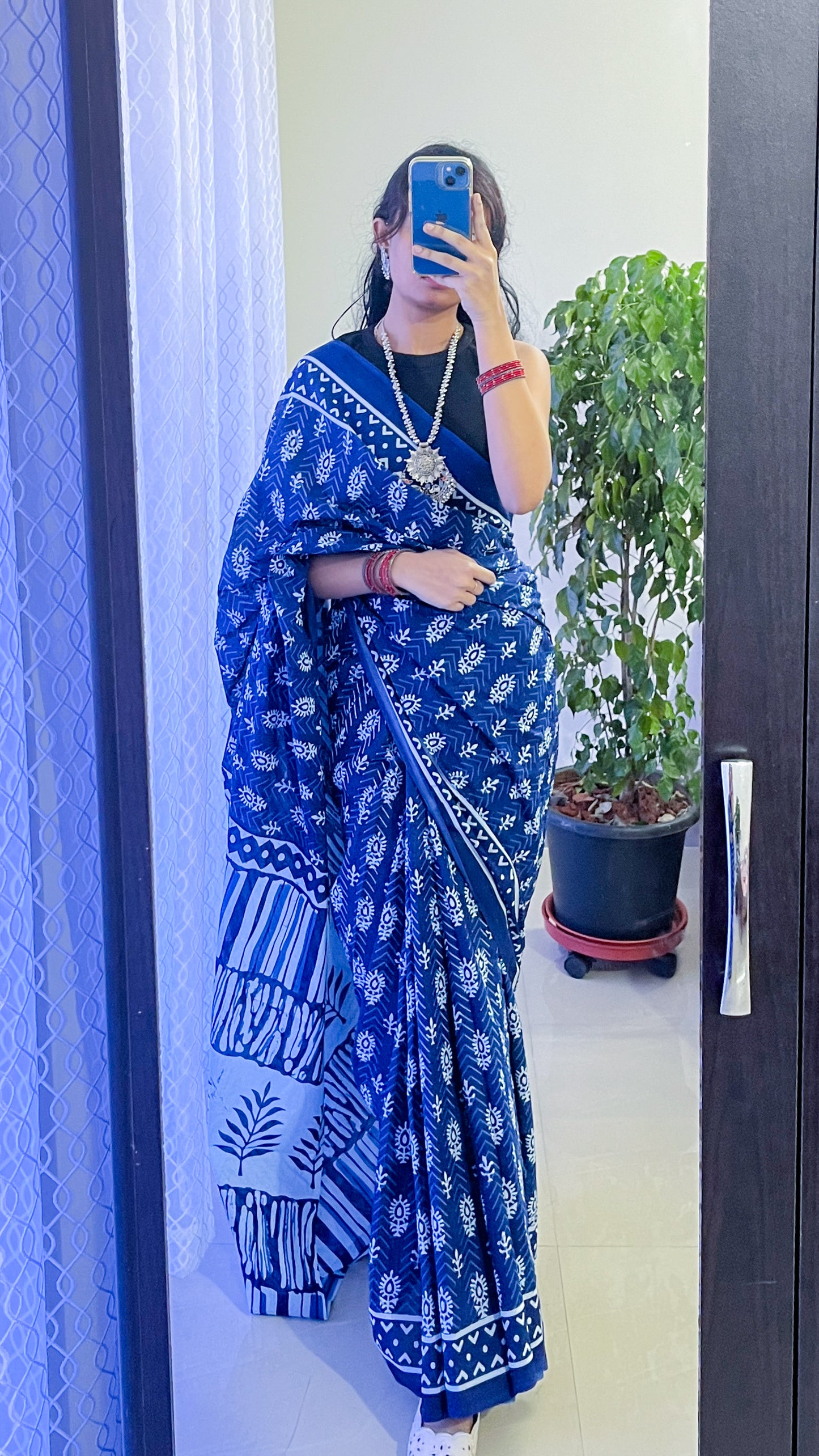 Indigo Bagru Print Mulmul Cotton Saree