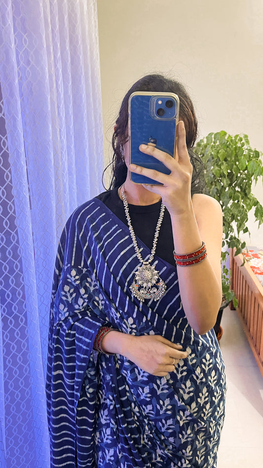 Indigo Bagru Print Mulmul Cotton Saree TRN 004