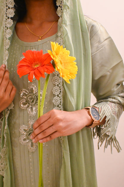 Mastani Premium Sage Green colour three piece Pakistani straight cut kurta set