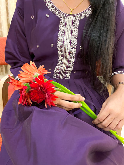 Royal Plum Purple Cotton  Mix Kurta Set with White Embroidery & Tie-Dye Dupatta -TRSR 003 A