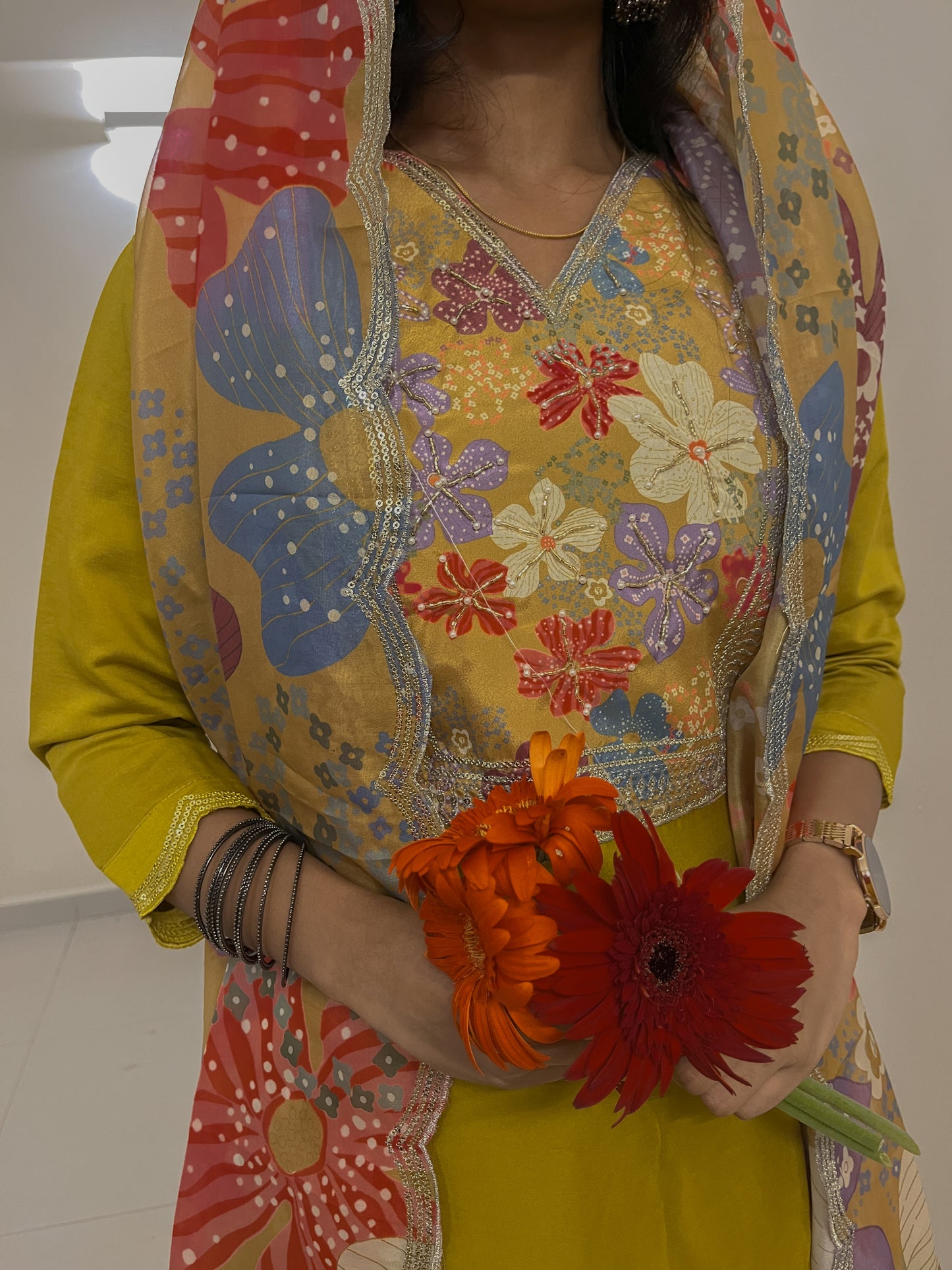 3-Piece Mustard Floral Printed Kurti Set for Women - TRSR 006