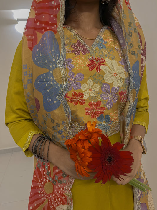 3-Piece Mustard Floral Printed Kurti Set for Women - TRSR 006