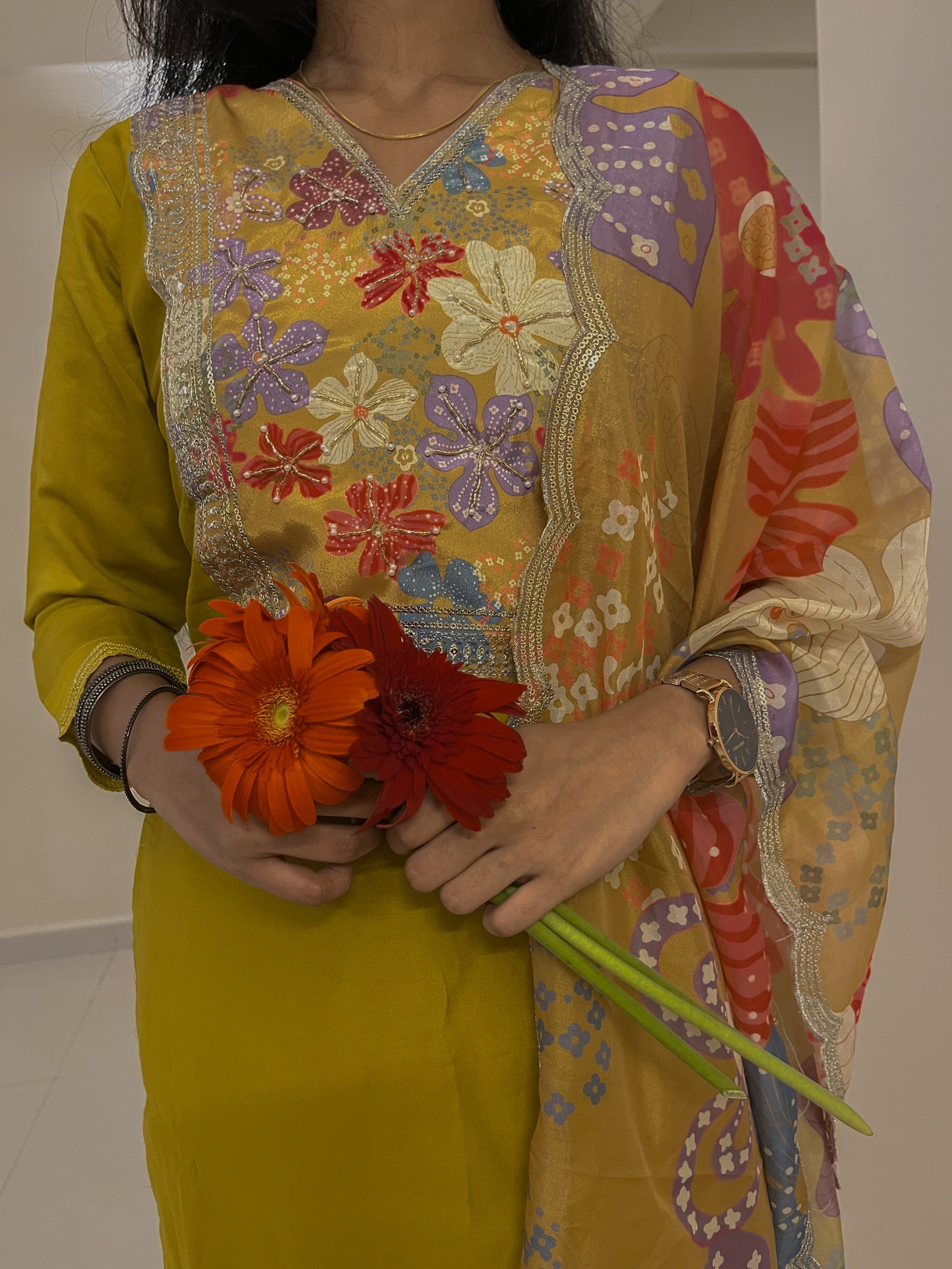 3-Piece Mustard Floral Printed Kurti Set for Women - TRSR 006