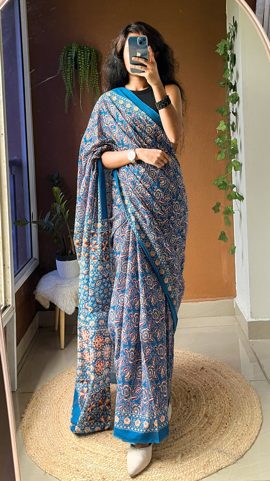 Handblock Printed Pure Cotton Saree –  Blue Ethnic Print with Blouse Piece TRR 004