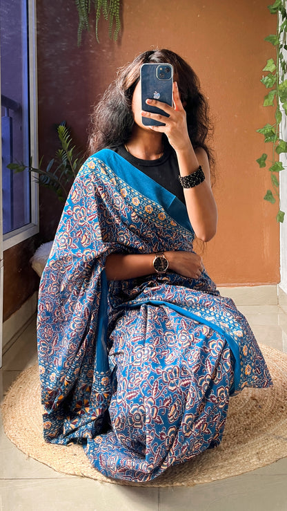 Handblock Printed Pure Cotton Saree –  Blue Ethnic Print with Blouse Piece TRR 004