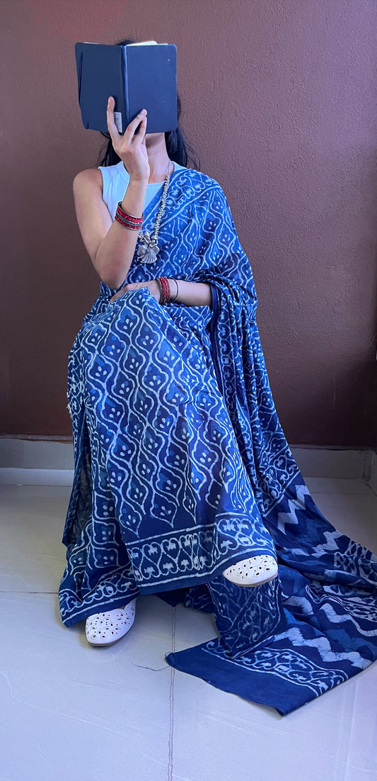 Indigo Print Cotton Mulmul Saree with Blouse Piece - TRN 005