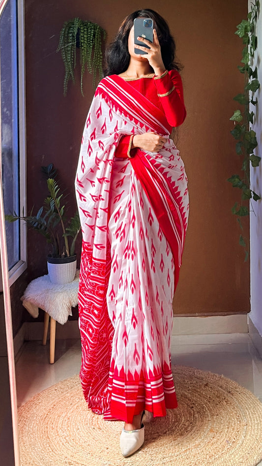 White & Red Handblock Print Cotton Saree - TRT 001