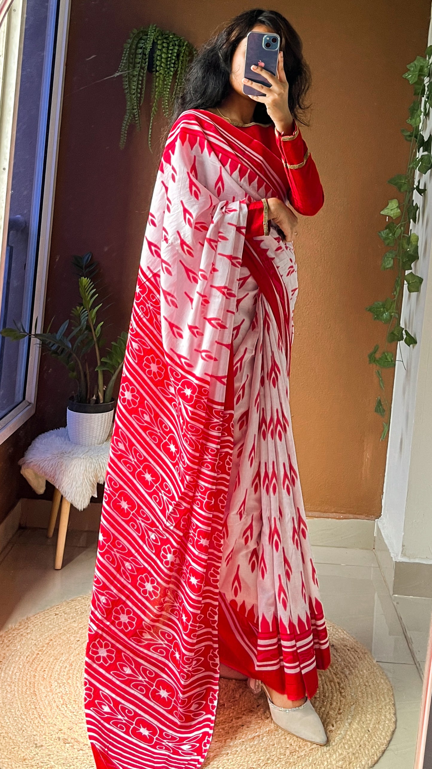 White & Red Handblock Print Cotton Saree - TRT 001