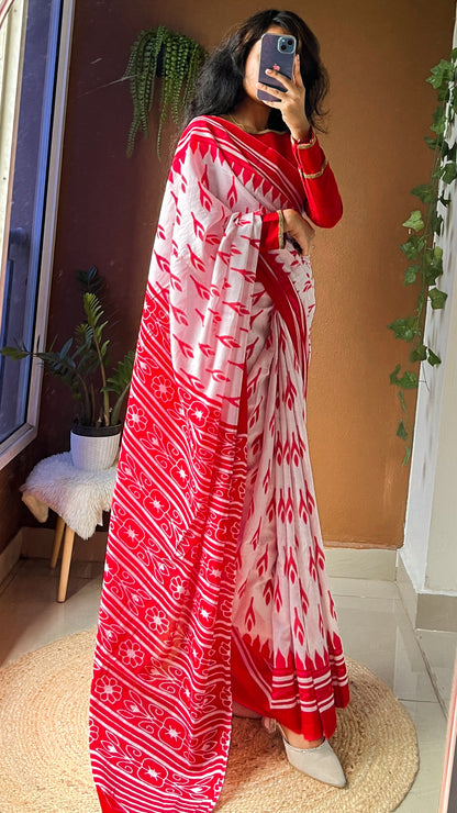 White & Red Handblock Print Cotton Saree - TRT 001