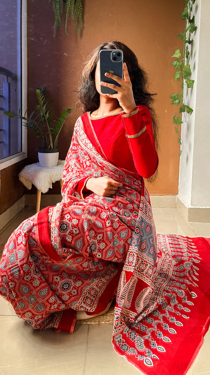 Handblock Printed Pure Cotton Saree – Red Floral - TRT 002