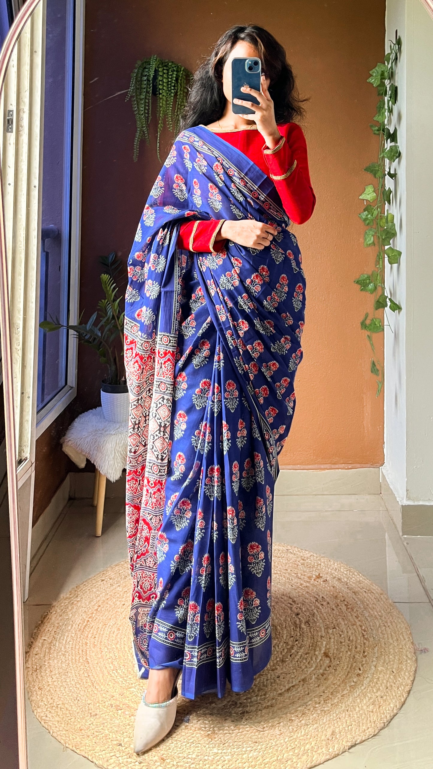 Blue Handblock Printed Pure Cotton Saree –  Ethnic Floral Print-TRN 007