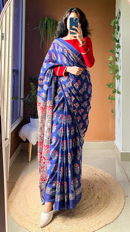 Blue Handblock Printed Pure Cotton Saree –  Ethnic Floral Print-TRN 007