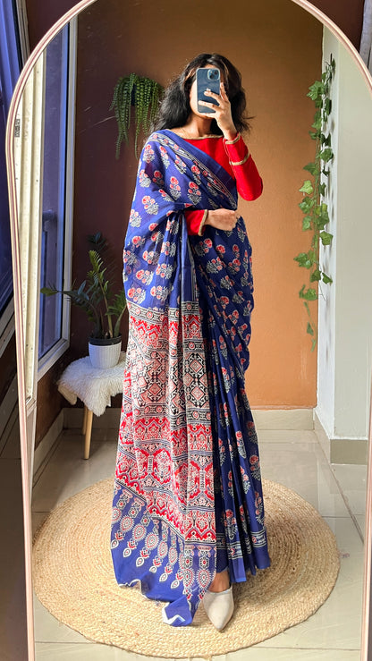 Blue Handblock Printed Pure Cotton Saree –  Ethnic Floral Print-TRN 007