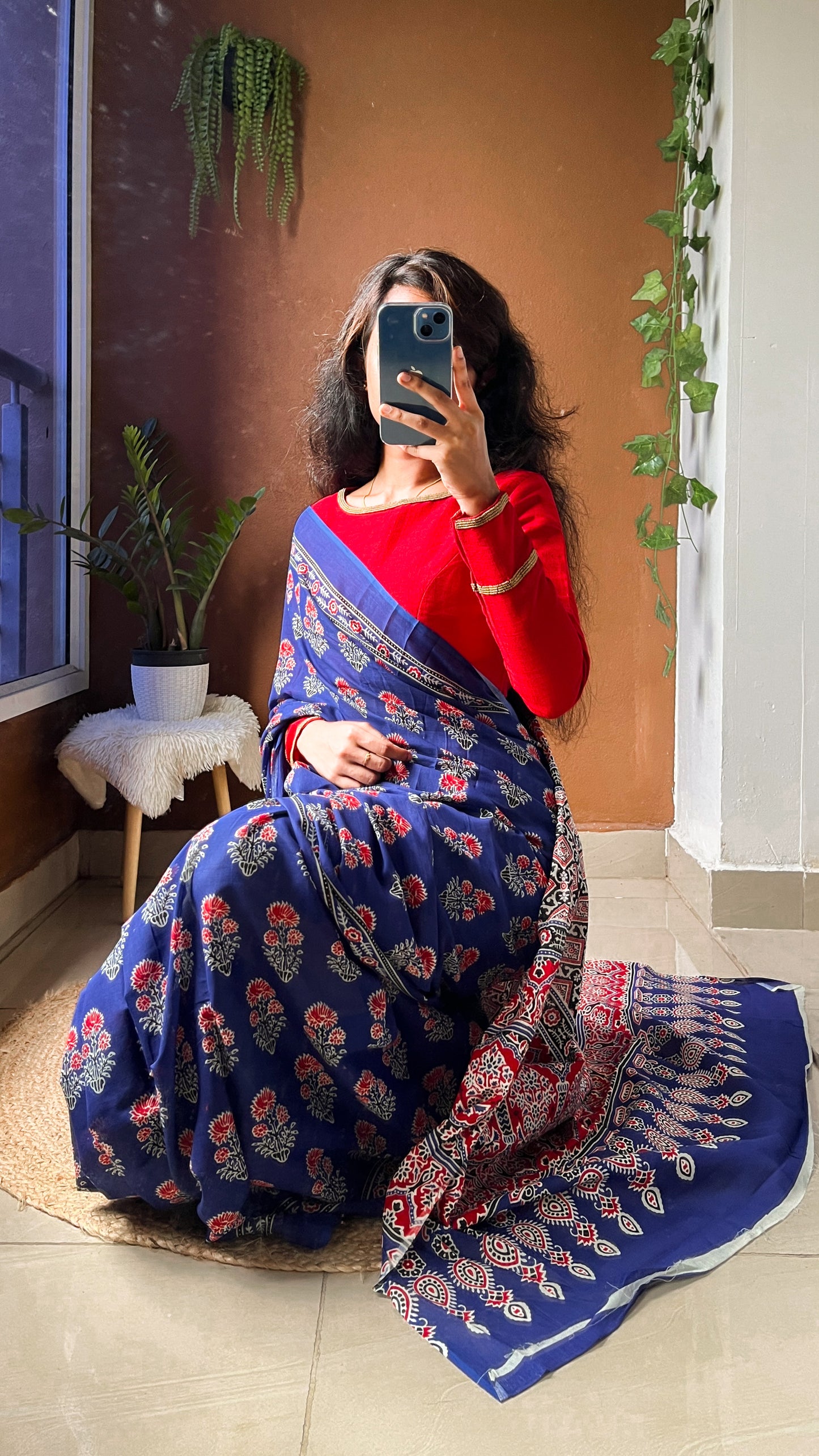 Blue Handblock Printed Pure Cotton Saree –  Ethnic Floral Print-TRN 007