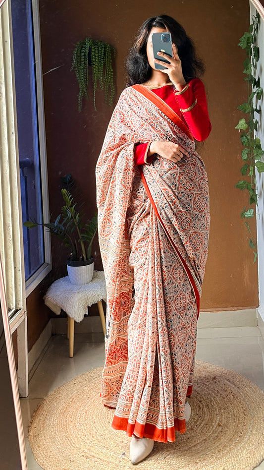 Orange & White Geometric Handblock Print Cotton Saree-TRT 003