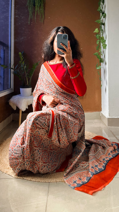 Orange & White Geometric Handblock Print Cotton Saree-TRT 003