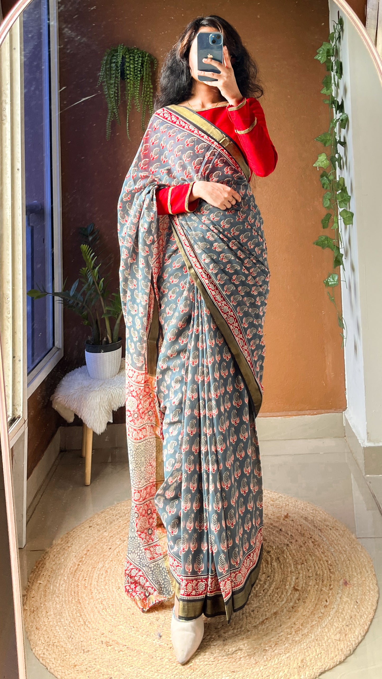 Blue-Grey Floral Handblock Print Cotton Saree - TRR 003