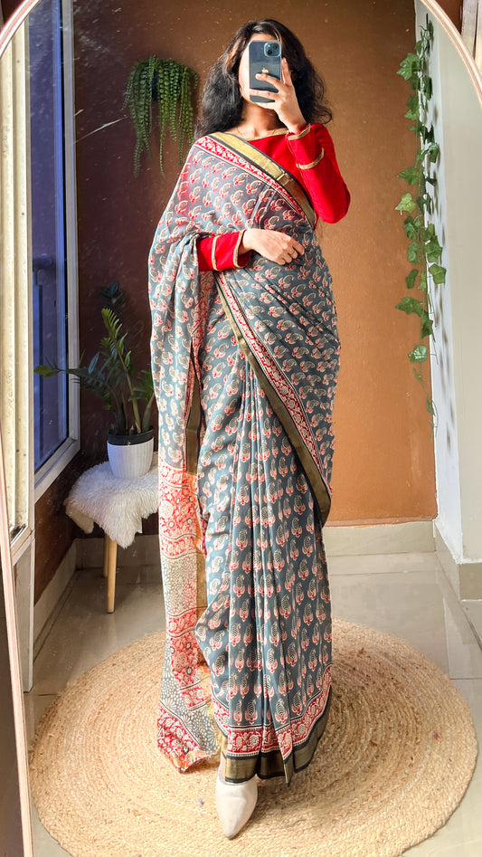 Blue-Grey Floral Handblock Print Cotton Saree - TRR 003