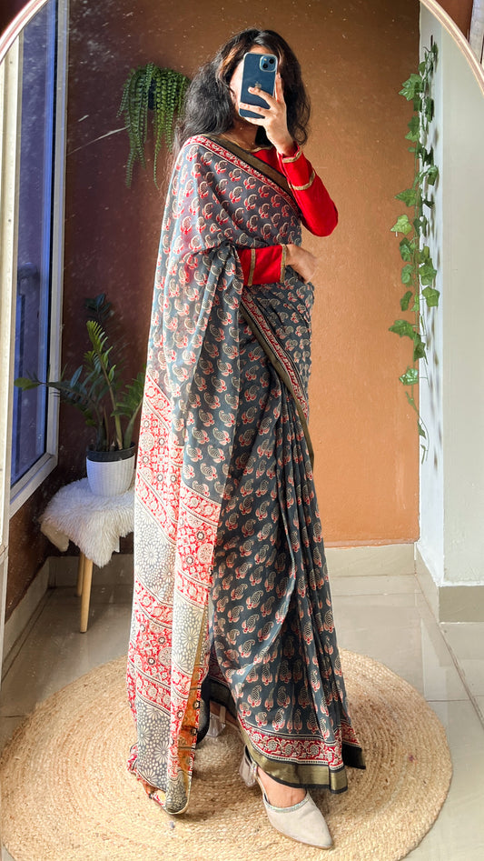 Blue-Grey Floral Handblock Print Cotton Saree - TRR 003