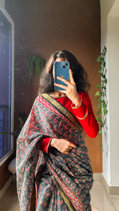 Blue-Grey Floral Handblock Print Cotton Saree - TRR 003