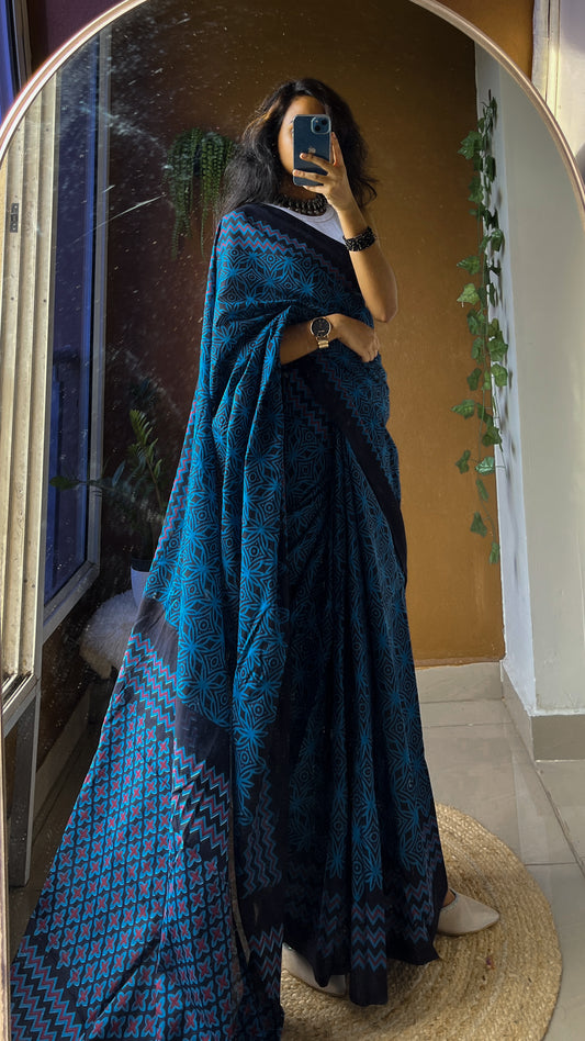 Jaipuri Print Mul Cotton Indigo Blue Saree – TRN OO3