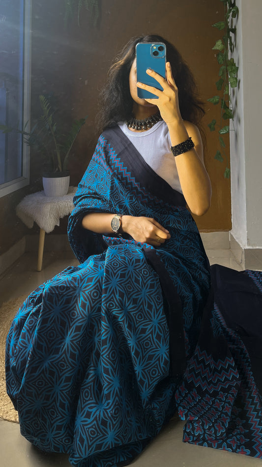 Jaipuri Print Mul Cotton Indigo Blue Saree – TRN OO3