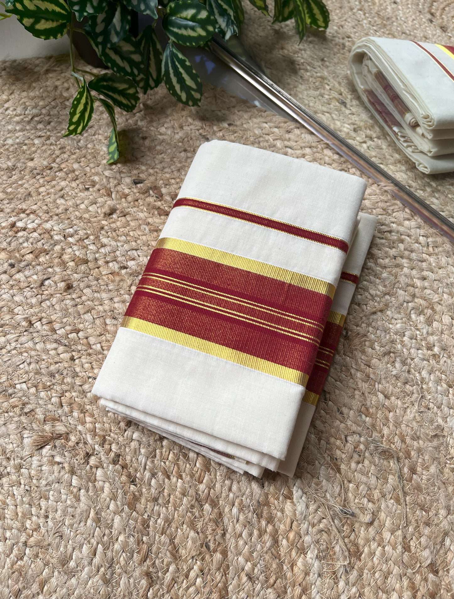 Kuthampully handloom cotton set mundu (mundum neriyathum) with maroon & golden border. Pure cotton Kerala traditional wear- TR 032