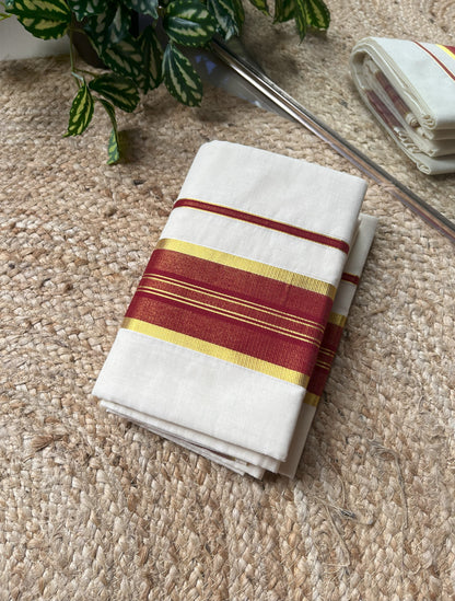 Kuthampully handloom cotton set mundu (mundum neriyathum) with maroon & golden border. Pure cotton Kerala traditional wear- TR 032