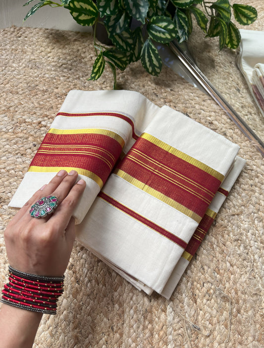 Kuthampully handloom cotton set mundu (mundum neriyathum) with maroon & golden border. Pure cotton Kerala traditional wear- TR 032