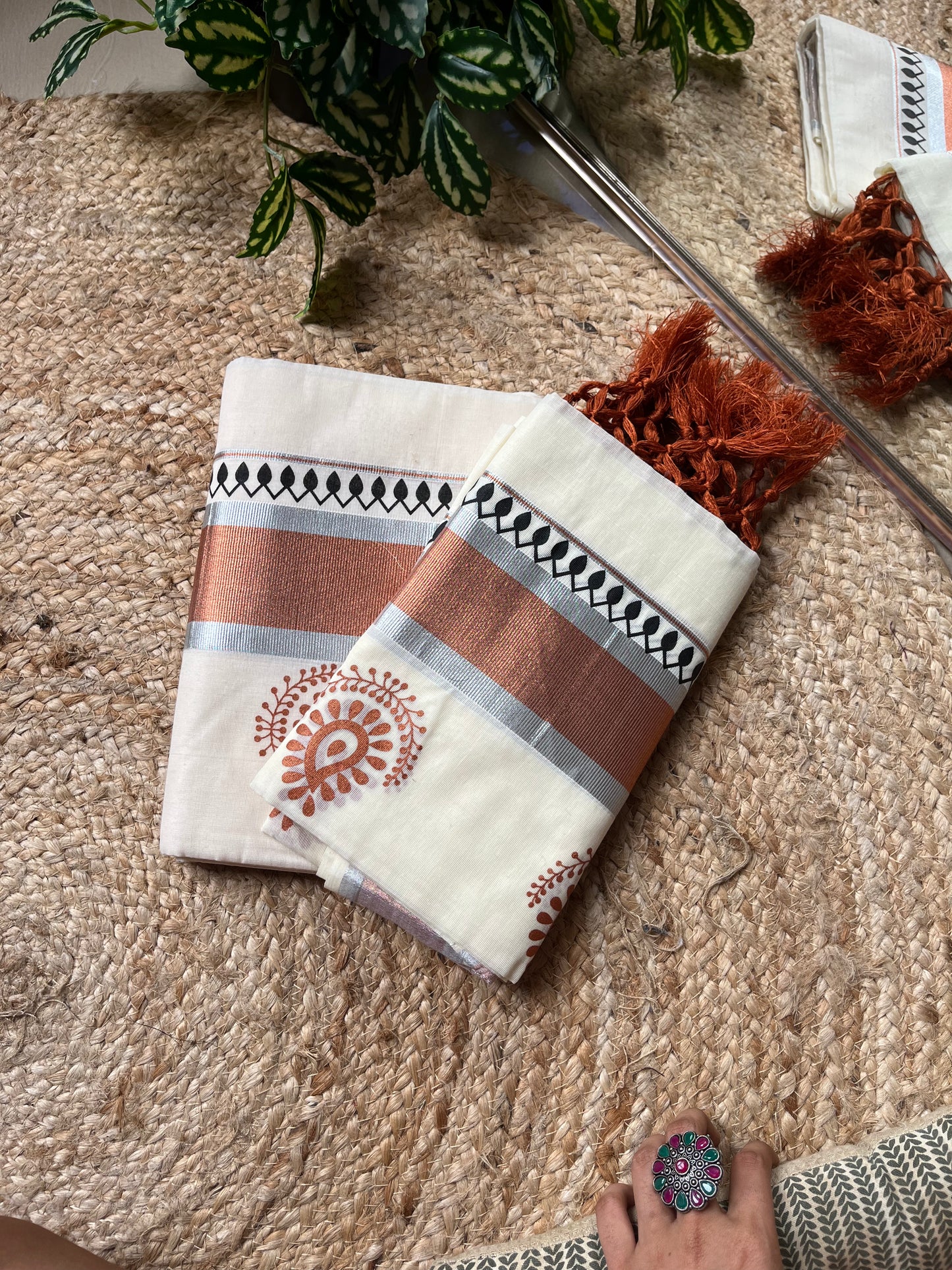 Kuthampully handloom cotton set mundu with tassels, copper kasavu border & motifs. Pure cotton Kerala traditional wear for festivals - TR 033