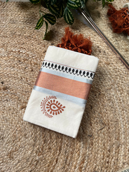 Kuthampully handloom cotton set mundu with tassels, copper kasavu border & motifs. Pure cotton Kerala traditional wear for festivals - TR 033
