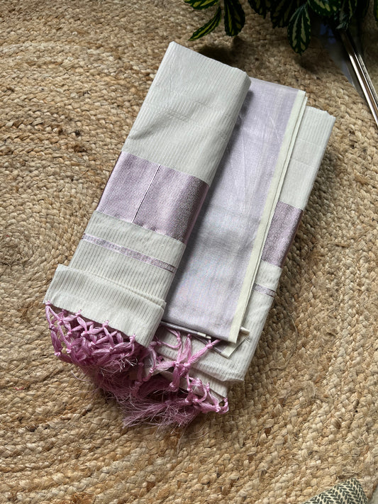 Rose Gold Kuthampully Cotton Saree with Tassels – Handwoven Kerala Handloom Saree TR 034